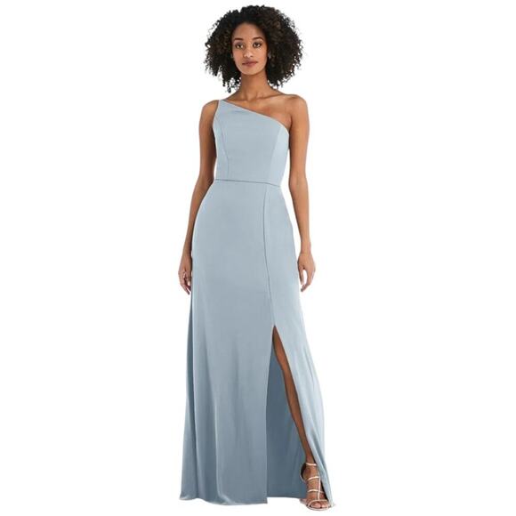 After Six One-Shoulder Crepe Trumpet Gown Blue Mist Size 10 NWOT $187 MSRP - Picture 1 of 7